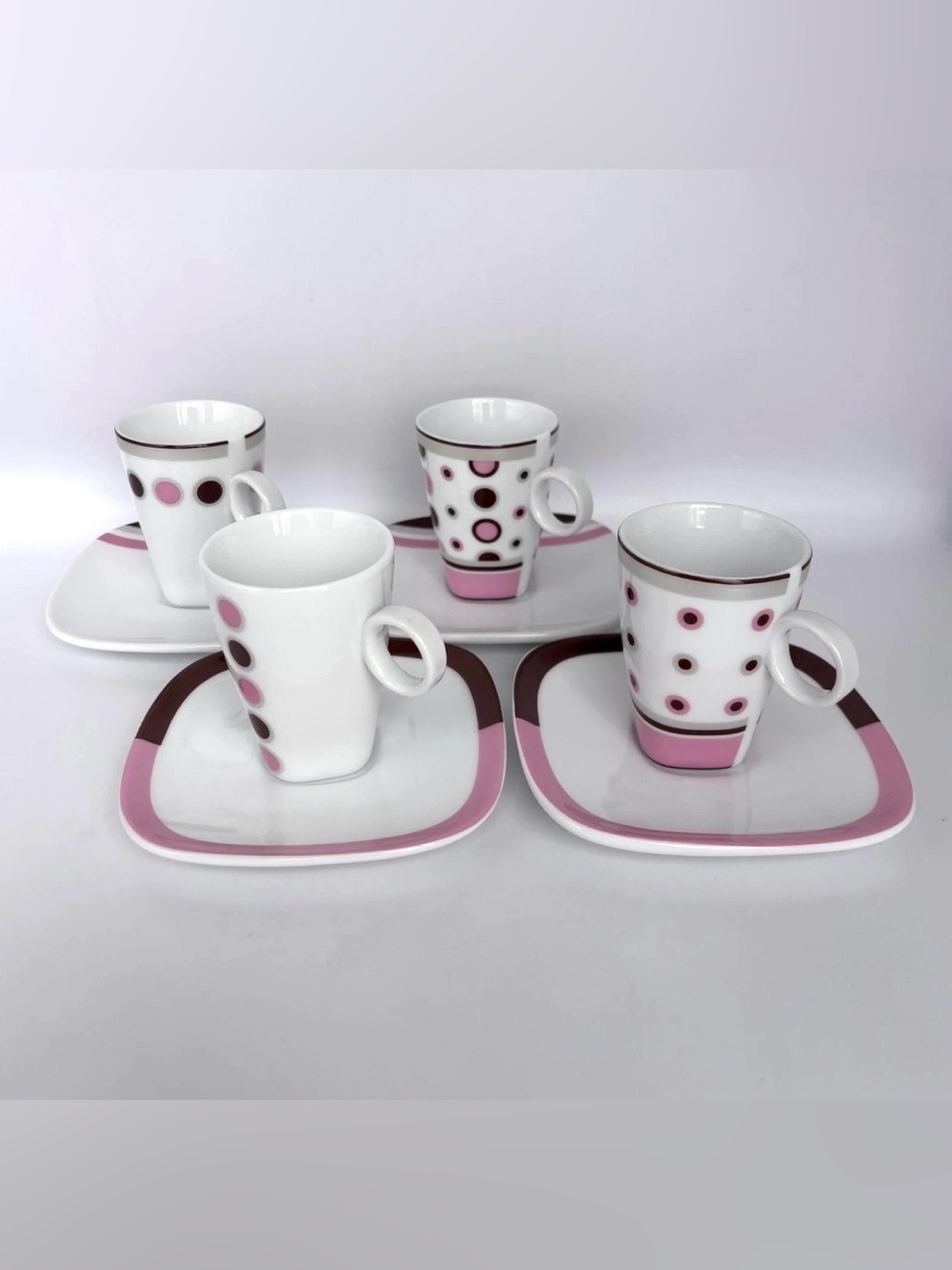 Vtg Maxwell & Williams Pink Deco Dot Demi Espresso Coffee Cups Saucers Set of 4